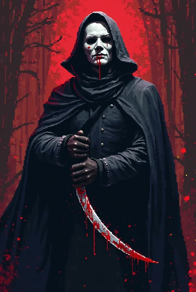 A serial killer pixel art 2000s, with an imposing boss pose. Bloodstained white mask, flowing dark cape, curved knife dripping blood. Dark background with touches of red and tense atmosphere, dramatic lighting.