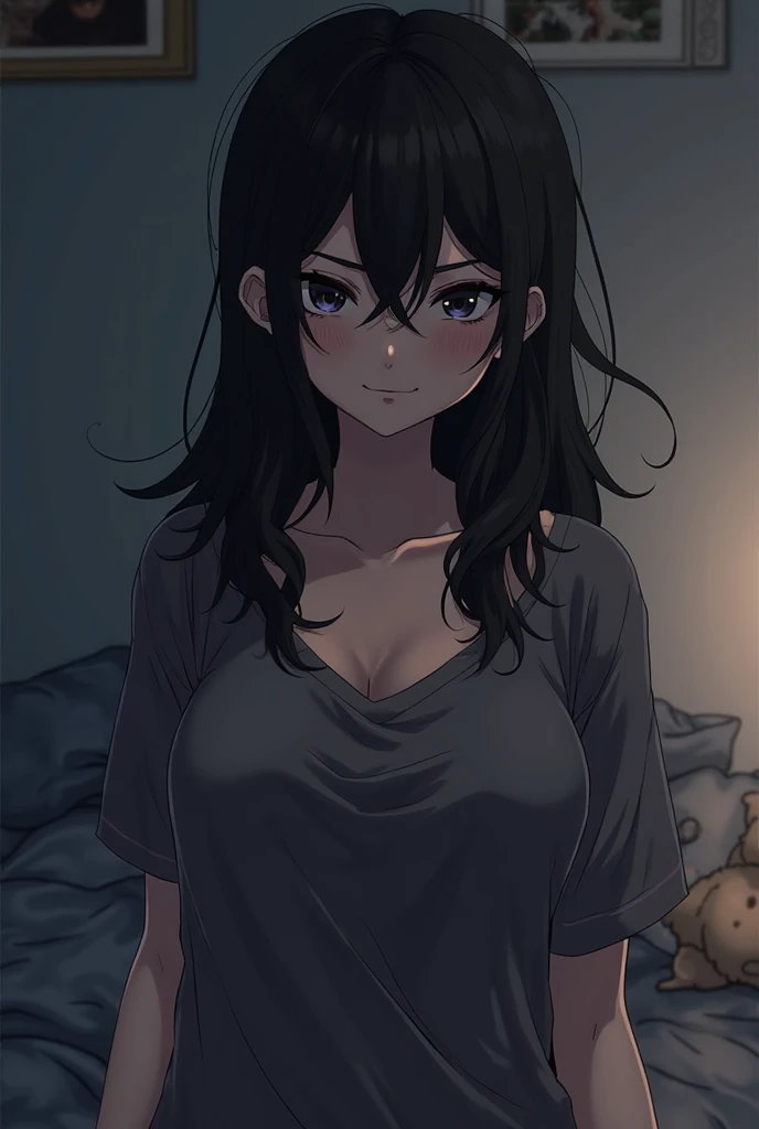 ((the best quality)), ((masterpiece)), (Thoroughly detailed), a 17-year-old anime girl with medium-long wavy pointed black hair, And black eyes,  night, bedroom,  Night scene,  darkness, (focus, to throw,  feet from the bottom, close shot), (blush all over...