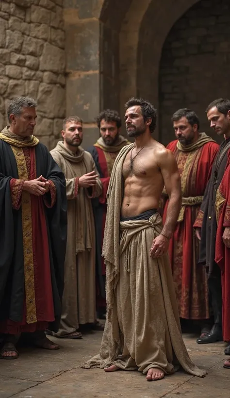 A group of judges and clergy watching a shirtless man , that is partially covered with a fabric,  showing nervousness . The environment is a medieval court, with stone walls and a weathered wooden floor.