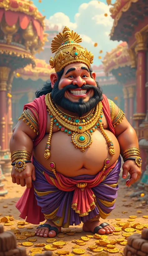 A Indian 5feat 5 white fat person with a pot belly.he wearing many golden ornaments and a king's crown happy face .full image.cartoonic image, with full gold coins