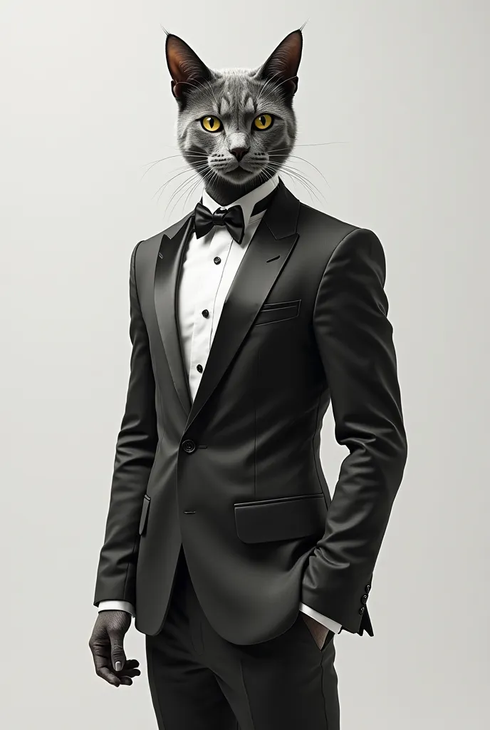 Make a futuristic cat using a tuxedo or formal suit make it hyper realistic and minimalist use monochrome color