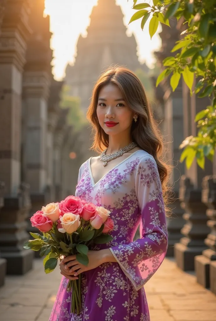 Beautiful 30's Thai woman with red lips, long brown-gray hair staring at the camera, wearing Sukhothai Thai dress in shades of bright purple, white and pink, with a diamond necklace, standing holding a bouquet of roses of various colors in front of an anci...