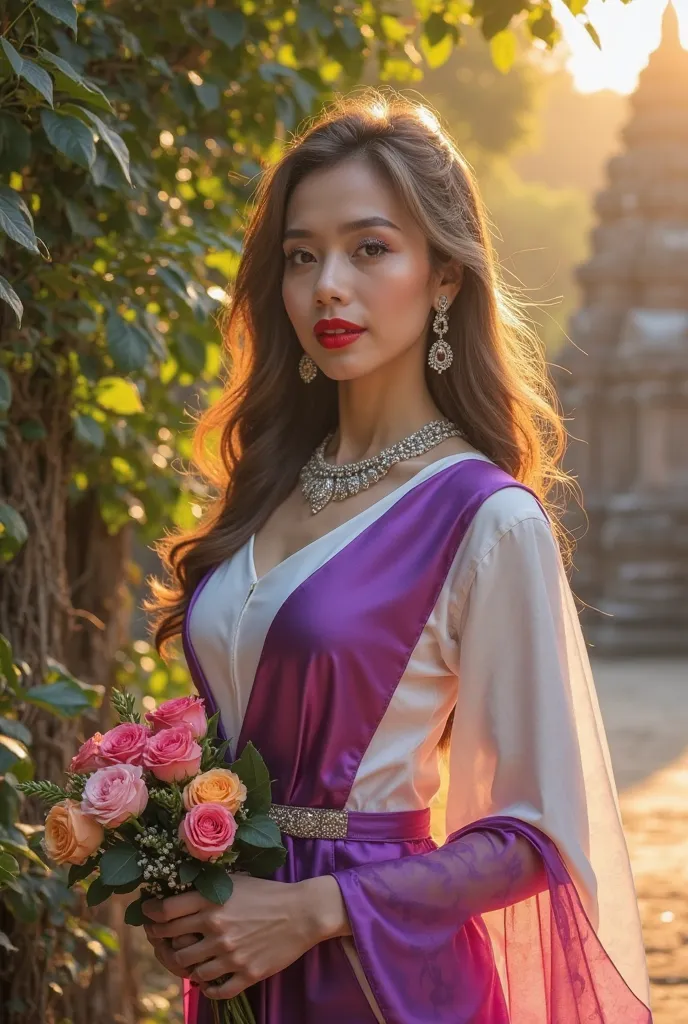 Beautiful 30's Thai woman with red lips, long brown-gray hair staring at the camera, wearing Sukhothai Thai dress in shades of bright purple, white and pink, with a diamond necklace, standing holding a bouquet of roses of various colors in front of an anci...