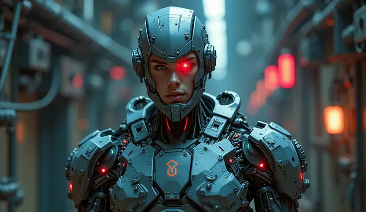 A futuristic cybernetic warrior with a human face and a robotic body, set in a high-tech sci-fi environment. The character has a glowing red cybernetic eye, mechanical armor covering most of the body, and intricate robotic components glowing with red and b...