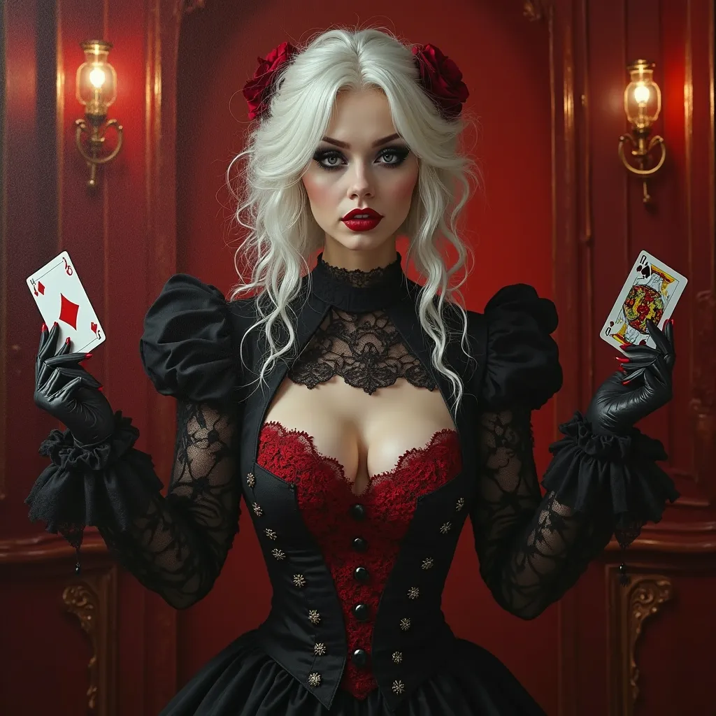 fantasy portrait of a gothic woman, dressed in black and red lace, white hair, pale face, red lips, dark eye makeup, seductively, red salon in backround, wild, crazy, cards, oil painting style, strong lights focus, raised chin, proud, missy from doctor who...