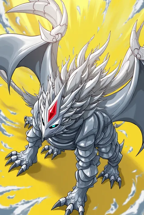 Make the dragon fafnir from Beyblade Burst in the colors yellow and white, with layers of silver armor over his body and face, wearing a silver mouthpiece with a red diamond-shaped crystal on his forehead, he has light blue eyes and has some white details ...