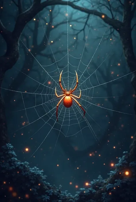 Design a dark, mystical background for a spider game. Include subtle details like stars, glowing orbs, or fog to create an atmospheric feel. The background should complement the glowing web and spider.