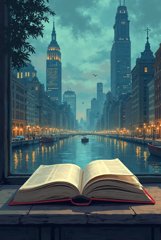 a close up of a book on a table with a city in the background, novel cover art for a book, art concept for a book cover, illustration!, in style of charlie bowater, book cover!!!!!!!!!!!!, by Juliette Leong, style of charlie bowater, book cover illustratio...