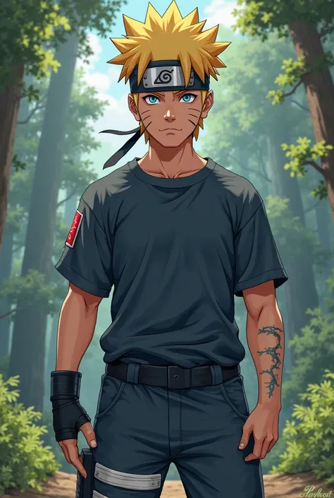 20 years old naruto uzumaki wearing dark blue compat pants and a dark blue plain longsleeve t shirt