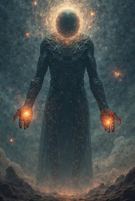 Humanoid space figure with a giant body shaped like a black hole and long arms and large hands with several universes in their palms 