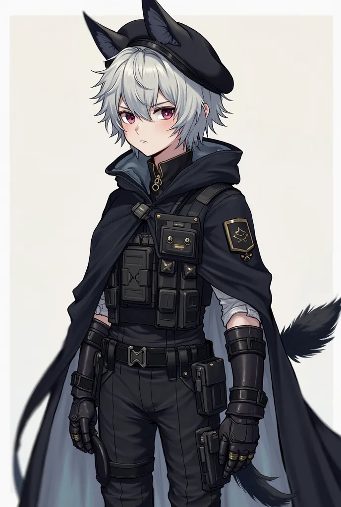 black skin cape, Black Beret, Kemono wolf hairy head, black cat ears panther tactical cauldron iotv left, right tactical cauldron iotv, messy white hair, small fluffy tail black, tactical soldier black military combat pants, bear2 shirt