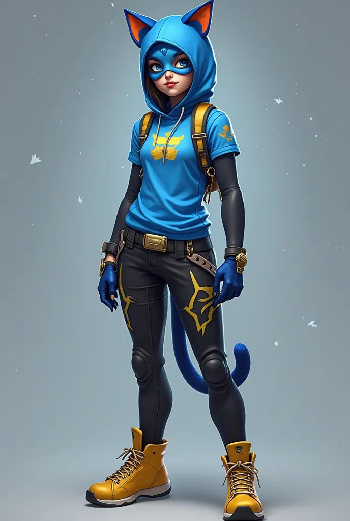 Free Fire gamer girl according to the Free Fire clothes I want a girl in a cat outfit with a strong blue mask, and the t-shirt also from the bright blue cat with black pants with gold color, It's a golden yellow shoe