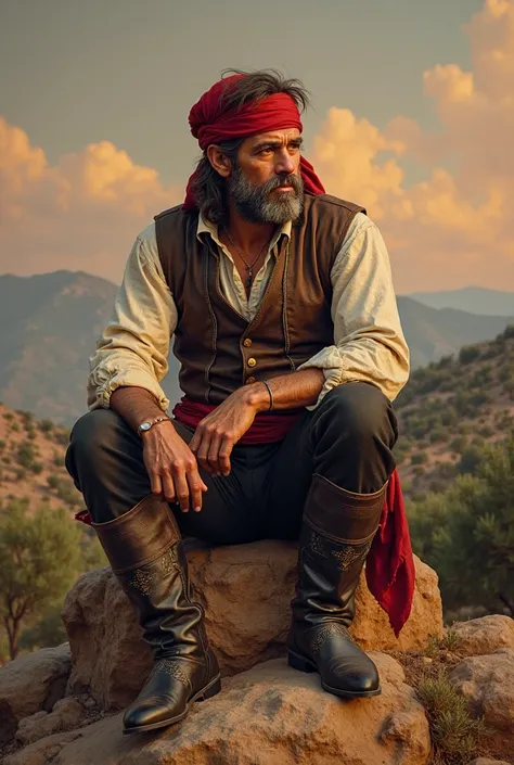 Hyperrealistic portrait in three-quarters pose, of a Spanish bandit from the early 1810s, about 50 years old, sitting on a rock on top of a mountain, in front of a background of Andalusian plain dotted with olive trees. He has a weathered face, no beard bu...