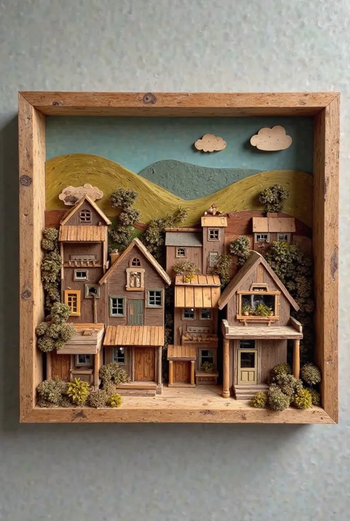 An cool 2D OR 3D piece made out of wood scraps. It is A small idyllic town of the us. Simple But unique. In A photo frame, at around 20x20 cm

