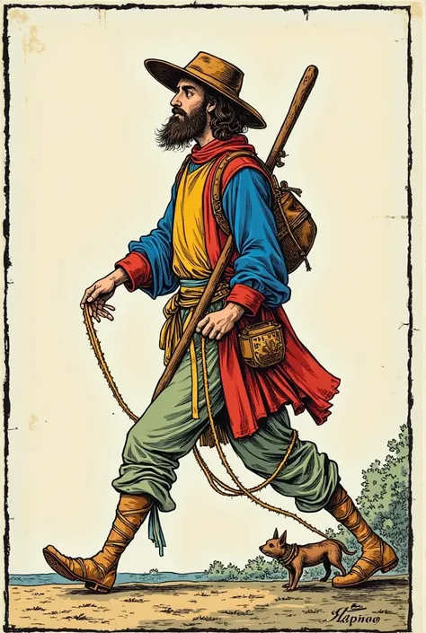 "Highly detailed and historically accurate illustration of 'Le Mat' from the Tarot de Marseille. The character must walk from left to right, symbolizing forward movement. He is a bearded man with medium-length unkempt hair, wearing a wide-brimmed hat tilte...