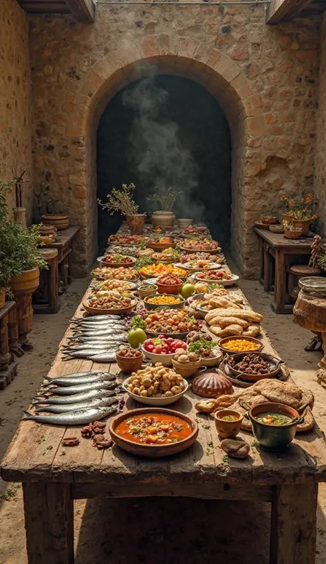 Long table of bread, 10 fish and fruits, stew, soup pot, full of food, old house, age of prophets