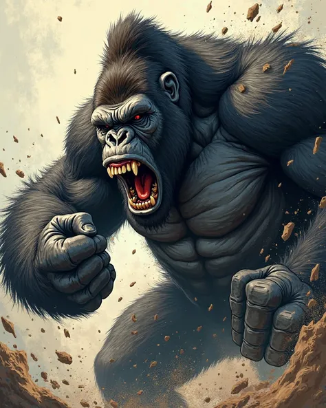 handpainting comic, close up shot, a muscular large gorilla, punching The background is a neutral