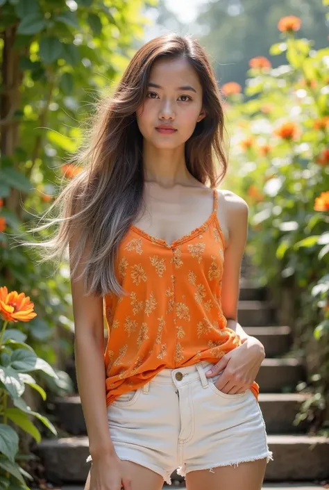 A young Thai woman with long brown hair with grey highlights swaying stands confidently on stone steps in a lush garden. She wears an orange and gold leaf tank top and white denim shorts, revealing a casual and chic summer look. Surrounded by bright green ...