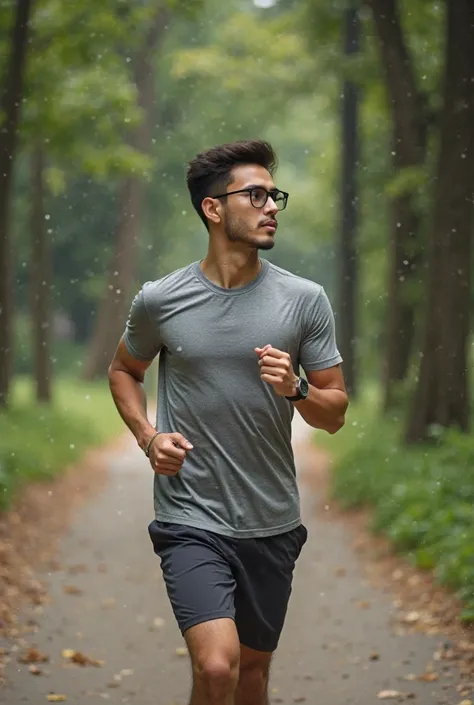 A handsome 21-year-old boy, wearing glasses, is getting ready to run in Ramna Park. Right side pic

