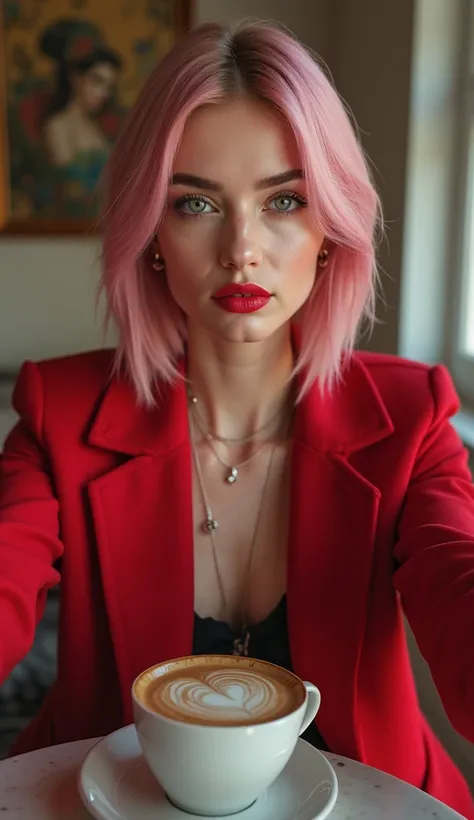 Realistic photo, a 20 year old American woman, Chanel straight hair, pink hair, arched eyebrows, full mouth, her eye color is light green, she is natural, has a beautiful physical body, she is a little strong, model, sexy, ultra realistic, she is taking a ...