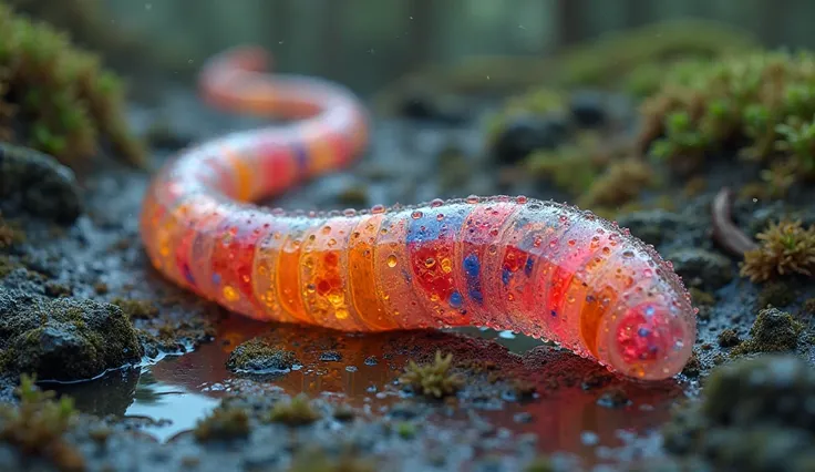 A brightly colored flatworm crawling on a moist surface, revealing its transparent, flattened body.