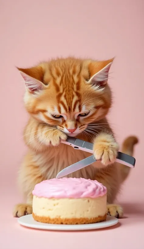 ginger tiny cat cutting a pink cake with a knife holding with its paw 