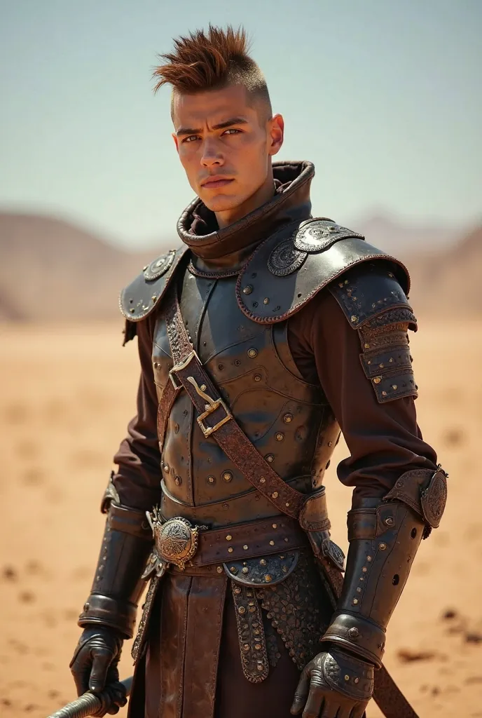 A young man, he is 27 years old, he is European, he is dressed in leather antique armor, he is holding a saber in his right hand, he has a short and dark mohawk, his hair is chestnut colored, he is in the desert, he has brown eyes and a sullen look. He is ...