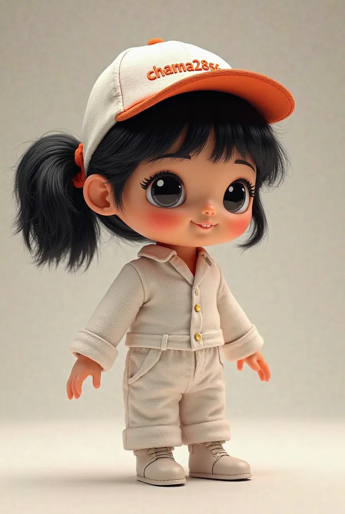 A little Venezuelan doll dressed in white and with black hair with a fuxcia tuft on the left side and is wearing a cap that says chama2856 