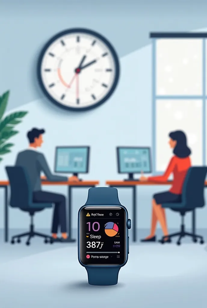 Digital illustration of an office environment with employees working at their desks and a clock on the wall marking working hours. in the foreground, a smartwatch shows sleep monitoring data, with a warning symbol indicating that its use is exclusive durin...