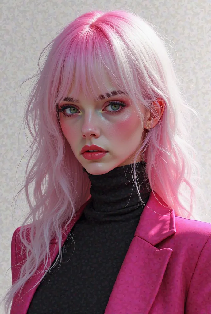 Woman with pink and white hair in a black and pink outfit