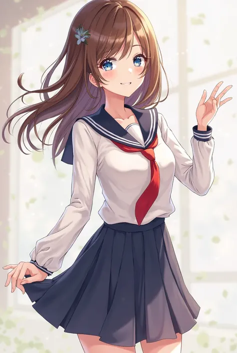 female anime character with brown hair, blue eyes and white skin, With the body from head to toe, Must wear school uniform.