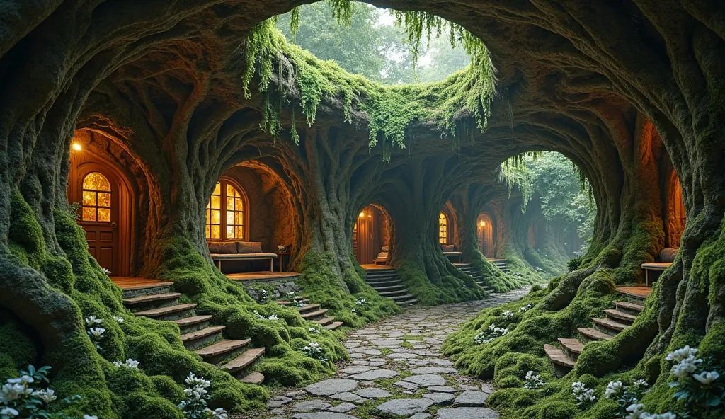 A nature-infused cave house hidden within an ancient tree-root cavern. Moss-covered stone walls, bioluminescent fungi providing soft light, wooden archways, and elven artifacts blending into the environment.