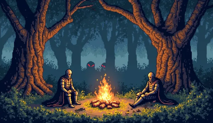 "16-bit RPG-style retro pixel art, dense, shady forest with giant trees and glowing moss. Two medieval knights rest around a crackling bonfire, damaged armor and dirty covers.  equipment (swords, shields) Standing on a nearby trunk. In the background,  Amo...