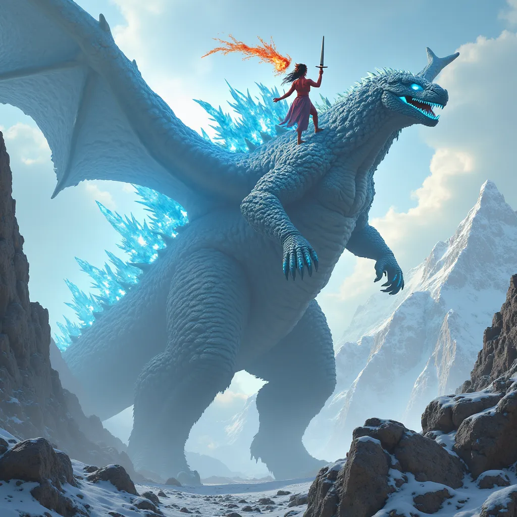 Eisgodzilla breathes blue fire from her mouth. flies into post-apocalyptic Alps sitting on its back is a red naked devil with horns and flaming sword in his hand. WRITES SN3XY glows in the sky