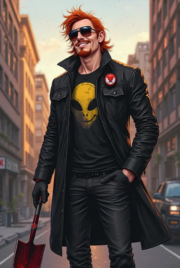 1 man, Postal dude, Postal, medium red hair, wearing sun glasses, red goatee, psycho smile, blood stain on face, wearing a black leather overcoat , Smiley pin on overcoat, alien t-shirt, black boots , holding a shovel with blood, city background, late afte...