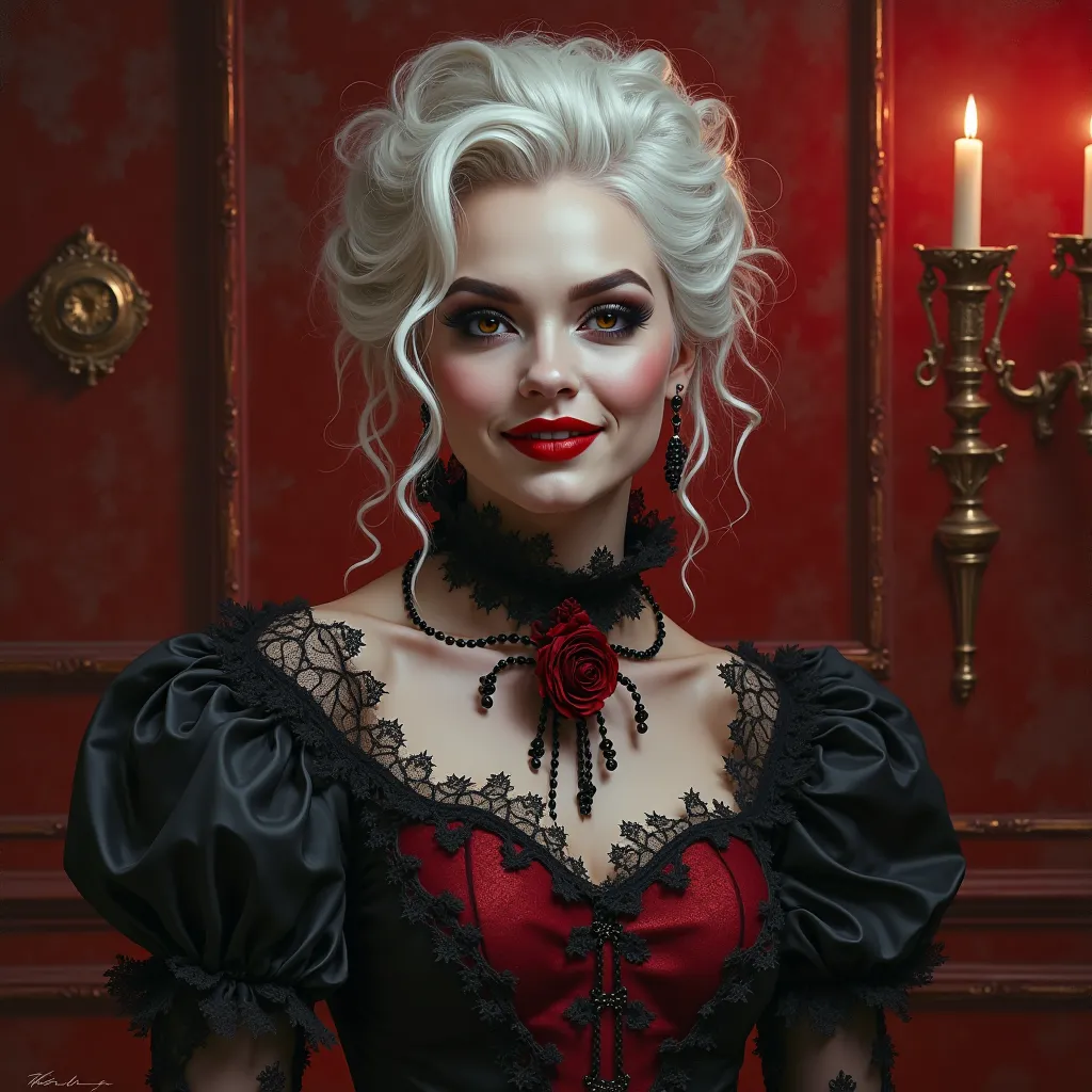 fantasy portrait of a gothic woman, dressed in black and red lace, white hair, pale face, red lips, dark eye makeup, smiling seductively, red salon in backround, wild, crazy, cards, oil painting style, strong lights focus, raised chin, proud, missy from do...