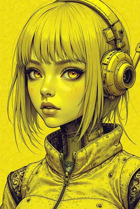 ((best quality)), ((masterpiece)), (detailed), perfect face of cyberpunk mecha japanese girl, neon yellow eyes, neon yellow body, neon yellow hair, ((monochromatic neon yellow color palette)), surreal, art nouveau, in the illustrative style of moebius, spa...