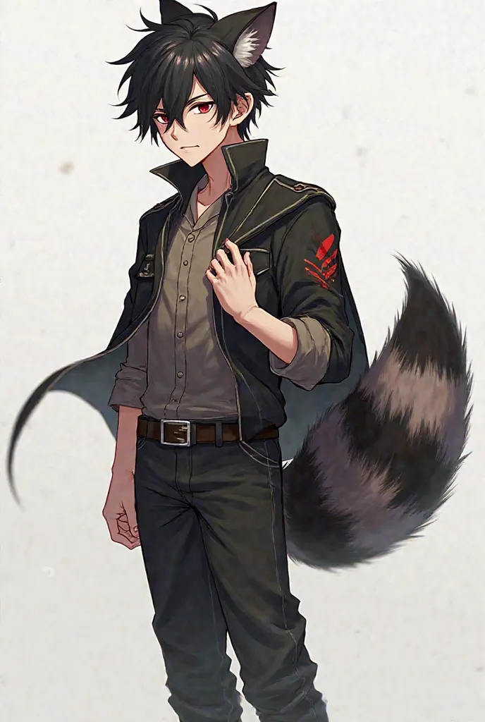 a ager, he had a large scar on his left cheek, red eyes and messy black hair shaved on the sides of his head and feathers and a raccoon tail falling over his right shoulder, he wore a shirt with his uniform jacket draped over his shoulders like a cape, bla...