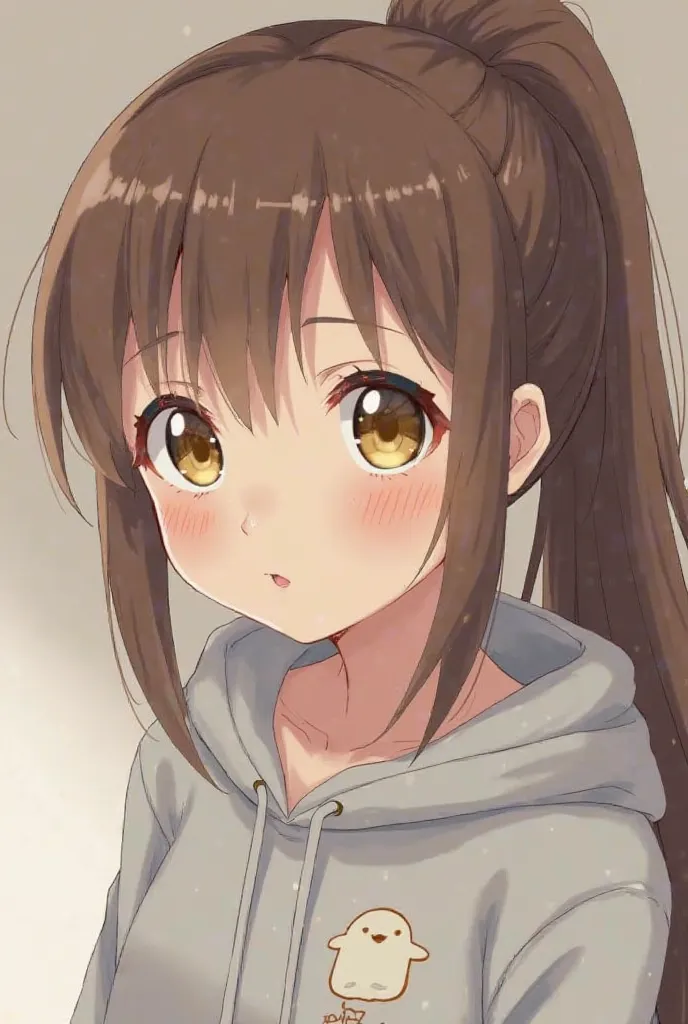 A close-up anime portrait of a young girl with long, brown hair in a ponytail, rosy cheeks, and large, expressive, golden-yellow eyes, wearing a light gray hoodie with a small, cartoon ghost design, focusing on the soft, stylized lines, muted color palette...