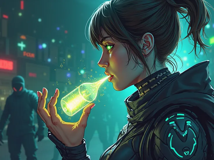 Create an ultra-detailed digital illustration of a HackCaps energy capsule being consumed by a female character inspired by Elise and Kai'Sa, de League of Legends. The composition should be broad, capturing character in a dynamic cinematic scene, , highlig...