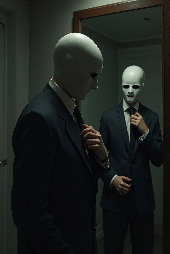 A masked man staring at a mirror while adjusting his tie 