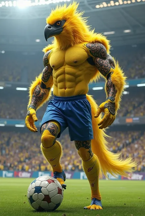 A strong tattooed yellow canary 3d hybrid soccer player wearing a yellow soccer uniform with blue shorts, playing in a stadium, with the ball at his feet