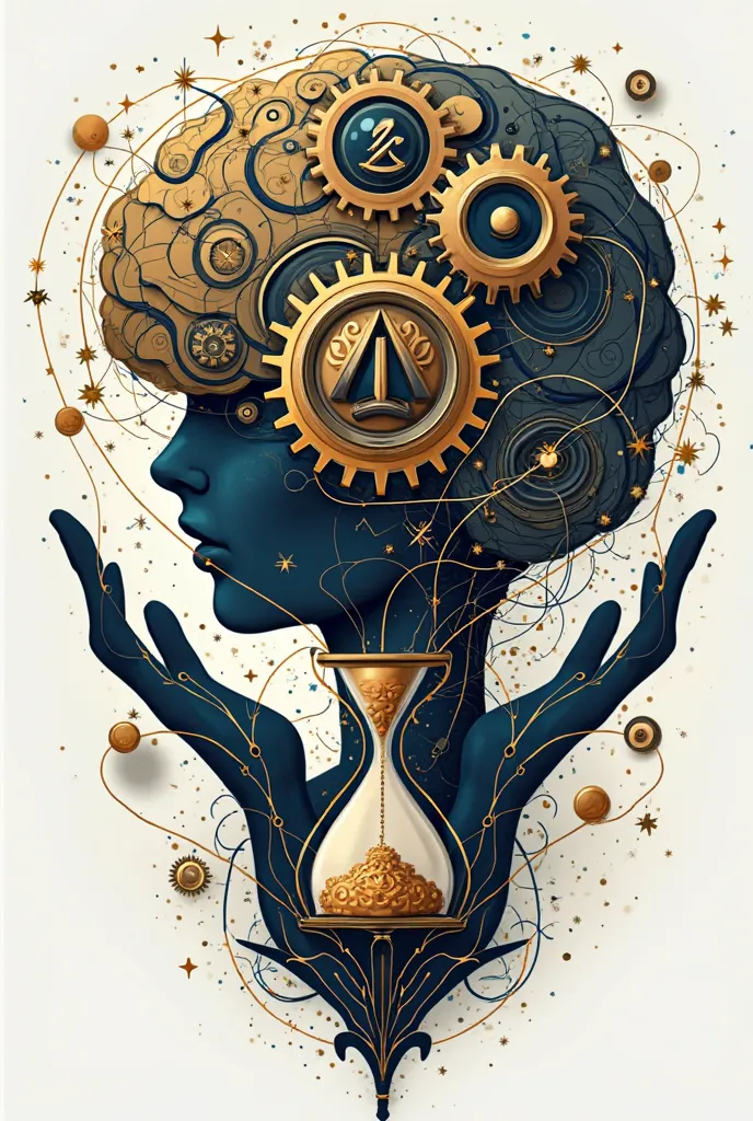 Here 

"Create a detailed and artistic illustration in the logo style. The image must present a stylized brain with interconnected gears, symbolizing thought and analysis. Add an open eye to represent observation and consciousness. Include the Greek symbol...