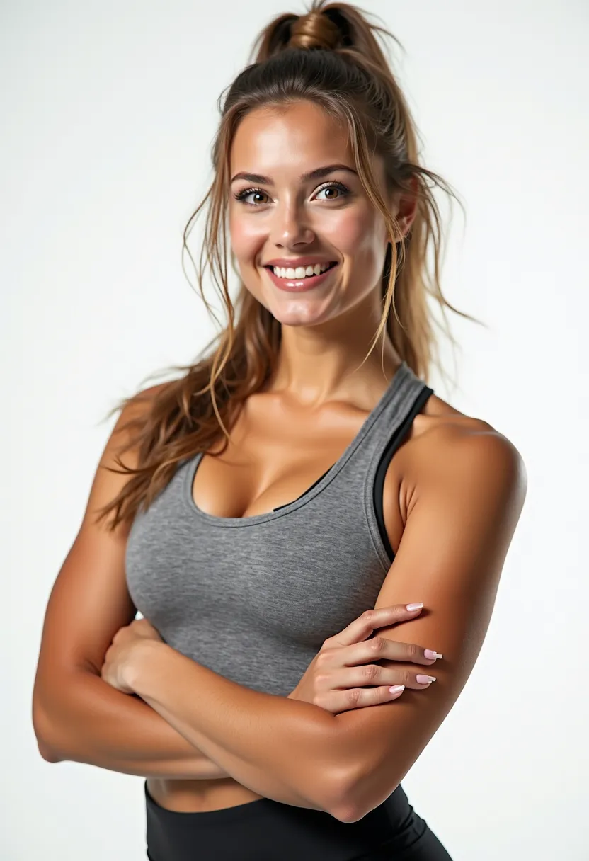 A 20-year-old woman with very detailed facial expressions and skin also wearing a gym blouse , doing a gym marketing pose with arms crossed smiling she is very beautiful and her face is different, on an isolated white background