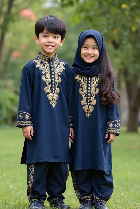 Image prompt 👇
Imagine "A young Muslim Cute boy and a young Muslim Cute girl are standing together in a lush green outdoor setting, smiling joyfully. They are both wearing traditional navy blue outfits with intricate gold embroidery, featuring elegant patt...