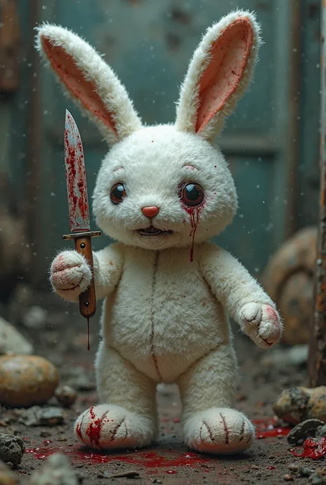 Crude white bunny stuffed animal, button eye falling off, stitching coming undone, old, torn, holding knife, blood soaked, junk yard back ground