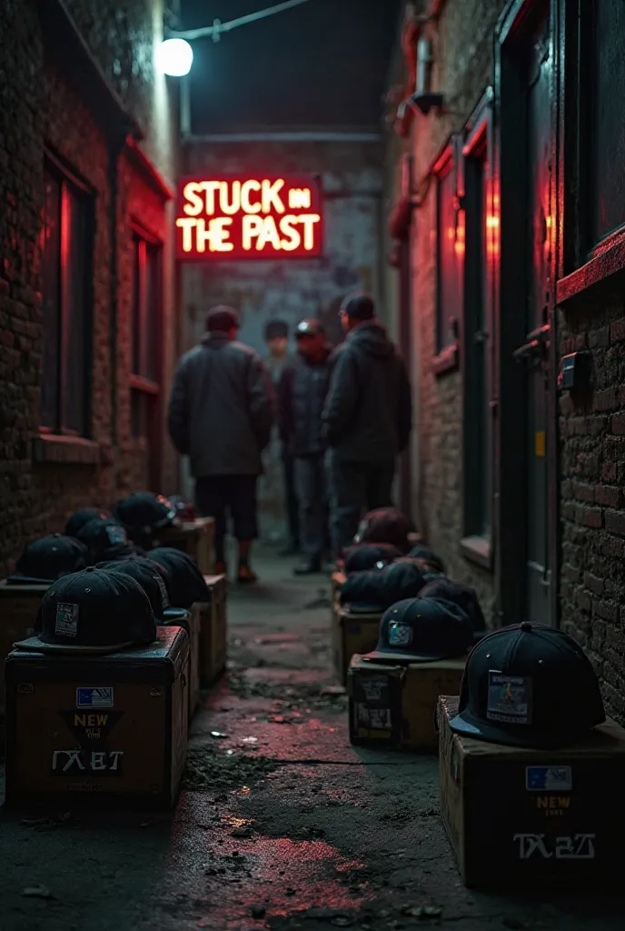 Dark alley and in the middle, boxes of hats from the NEW ERA brand, In the background a sign that says STUCK IN THE PAST, And a group of rappers founded in the background give it a very American atmosphere in those alleys , It has to give a lot of intrigue...