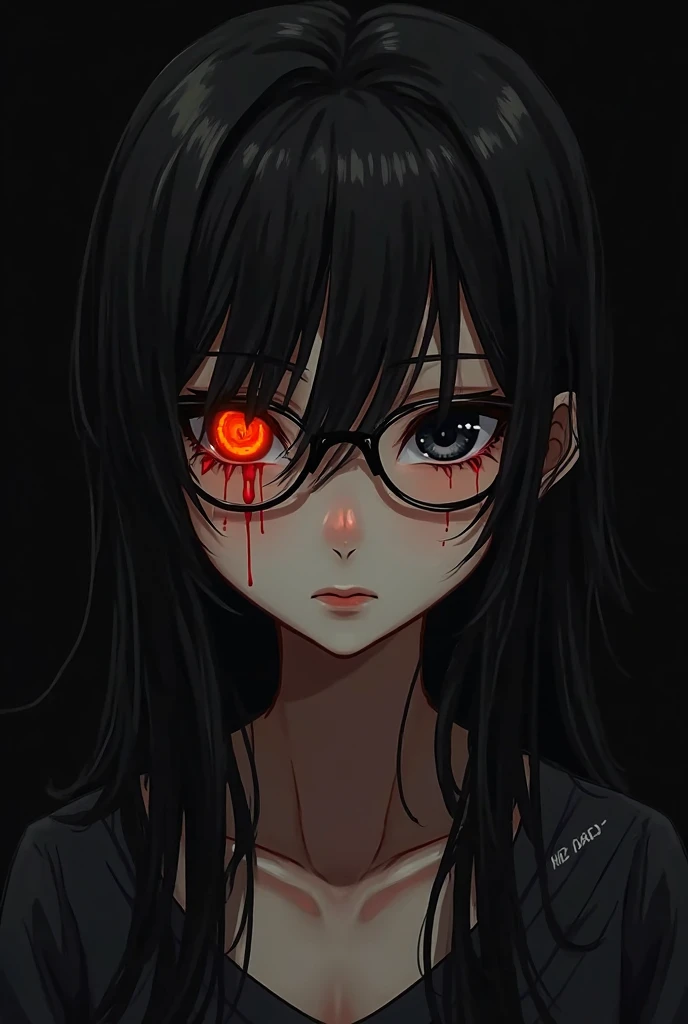 A girl that is 30 years old one of her eyes is demon orange eye the other is black the girl also has a black long hair blood drips from her eyes and also you can see a black backround she is also wearing glasses  she also has frickles on her face she has s...