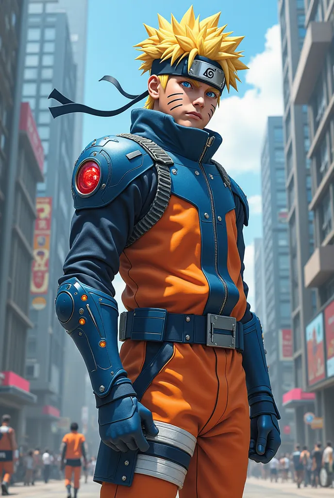 In a world where technology has advanced by leaps and bounds, Naruto Uzumaki, Now a ninja from the future, wears a futuristic combat armor. The armor, made of a light and resistant material, shines in shades of blue and orange, reflecting his indomitable s...