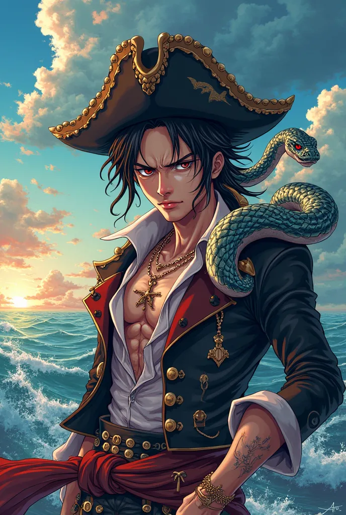 Make a very beautiful pirate from the anime One Piece with a hypnotic eye who has a pet snake 